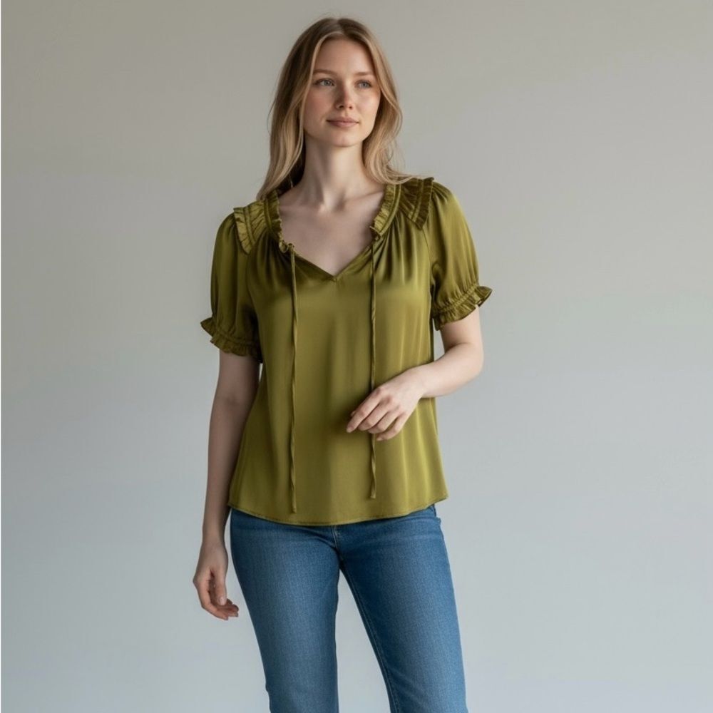 Olive Green Ruffle Trim Blouse
